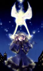 Rule 34 | angel, closed eyes, coat, cowboy shot, hand on own ear, highres, outdoors, pom pom (clothes), wings, winter clothes