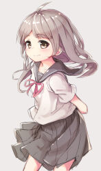 Rule 34 | 1girl, ahoge, arms behind back, blush, breasts, brown eyes, closed mouth, collarbone, commentary request, cowboy shot, floating hair, grey background, grey hair, grey sailor collar, grey skirt, kuresuku (lessons), long hair, looking at viewer, looking to the side, miniskirt, neck ribbon, original, parted bangs, pleated skirt, red ribbon, ribbon, sailor collar, school uniform, serafuku, shirt, short sleeves, sideways glance, simple background, skirt, small breasts, smile, solo, thick eyelashes, thighs, three quarter view, white shirt