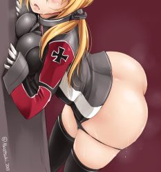 Rule 34 | 10s, 1girl, against wall, akatsuki akane, anchor hair ornament, ass, black panties, black thighhighs, blonde hair, blush, breast press, breasts, butt crack, drooling, gloves, gradient background, hair ornament, kantai collection, long hair, military, military uniform, one-hour drawing challenge, open mouth, panties, prinz eugen (kancolle), solo, sweat, thighhighs, underwear, uniform, white gloves