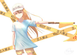 Rule 34 | 10s, 1girl, absurdres, bad id, bad pixiv id, blonde hair, blue shirt, brown eyes, character name, cowboy shot, flag, floating hair, hair between eyes, hat, hataraku saibou, highres, holding, holding flag, long hair, outstretched arm, platelet (hataraku saibou), relayrl, shirt, short shorts, short sleeves, shorts, simple background, solo, standing, very long hair, white background, white hat, yellow shorts