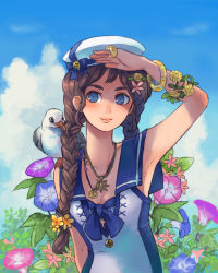 Rule 34 | 1girl, anchor, animal, animal on shoulder, arm up, armpits, bad id, bad pixiv id, bird, bird on shoulder, blue eyes, blush, bracelet, braid, brown hair, day, face, flower, hair over shoulder, hat, highres, jewelry, lips, long hair, long neck, mayday, morning glory, original, pendant, ring, seagull, shading eyes, smile, solo, twin braids, twintails