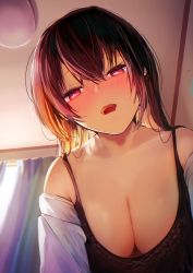 Rule 34 | 1girl, bare shoulders, black camisole, blush, breasts, brown hair, camisole, chocolate, cleavage, collarbone, highres, large breasts, long hair, long sleeves, looking at viewer, mouth hold, off shoulder, original, red eyes, shirt, solo, tomozero, white shirt