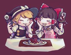Rule 34 | 2girls, :t, @ @, apron, black eyes, black vest, blonde hair, blush, bow, brown eyes, brown hair, cannibalism, closed mouth, colored sclera, commentary, cookie (touhou), cowboy shot, detached sleeves, eating, eyeball, food, fork, frilled bow, frilled hair tubes, frills, grater, guro, hair bow, hair tubes, hakurei reimu, hat, hat bow, hita (hizokuseikogeki), holding, holding fork, kirisame marisa, long hair, looking at another, meatball, multiple girls, one eye closed, pasta, pink apron, red background, red bow, rurima (cookie), shared food, shirt, simple background, sleeveless, sleeveless shirt, smile, spaghetti, spaghetti and meatballs, star (symbol), suzu (cookie), touhou, vest, wavy mouth, white bow, white sleeves, yellow sclera