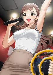 Rule 34 | 1girl, arm up, breasts, brown eyes, brown hair, brown skirt, cleavage, doushimasho, high-waist skirt, highres, holding, holding microphone, indoors, karaoke, long hair, medium breasts, microphone, mole, mole on arm, mole under eye, open mouth, original, pencil skirt, shirt, skirt, sleeveless, sleeveless shirt, smile, solo, sweatdrop, white shirt
