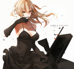Rule 34 | 1girl, ar-15, artist name, bare shoulders, biting, black dress, black gloves, blonde hair, breasts, brown eyes, character name, chinese commentary, chinese robot kid, cleavage, collarbone, commentary request, dress, elbow gloves, floating hair, girls&#039; frontline, glove biting, gloves, gun, halterneck, head tilt, highres, holding, holding weapon, large breasts, light particles, looking at viewer, lvoa-c, original, revision, rifle, shaded face, sidelocks, simple background, solo, trigger discipline, upper body, weapon, weapon case, white background, wind, wind lift
