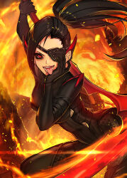 Rule 34 | 1girl, absurdres, black bodysuit, black gloves, black hair, black sclera, bodysuit, colored sclera, commission, elbow gloves, eyepatch, fire, gloves, hide (hideout), highres, holding, holding scythe, holding weapon, long hair, looking at viewer, original, ponytail, red eyes, scythe, skeb commission, solo, tongue, tongue out, weapon