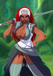 Rule 34 | 1girl, areola slip, bandana, breasts, curvy, dark-skinned female, dark skin, earrings, female focus, forehead protector, forest, hand on own hip, highres, holding, holding weapon, japanese clothes, jewelry, karui (naruto), katana, kimono, large breasts, looking at viewer, mature female, naruto, naruto (series), naruto shippuuden, nature, nipple slip, nipples, no bra, no panties, outdoors, parted lips, pussy, red hair, robe, seductive smile, smile, solo, standing, sword, thighhighs, tovio rogers, vest, weapon, wide hips, yellow eyes