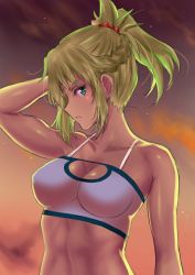 Rule 34 | 1girl, bandeau, blue eyes, braid, breasts, cowboy shot, facing away, fate/apocrypha, fate (series), french braid, hakase yurisuki, hand in own hair, looking at viewer, medium breasts, mordred (fate), mordred (fate/apocrypha), mordred (memories at trifas) (fate), ponytail, red scrunchie, scrunchie, solo, upper body