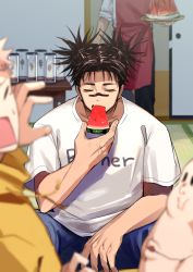 Rule 34 | 1other, 2boys, apron, black hair, black pants, blue pants, blurry, blurry foreground, choso (jujutsu kaisen), closed eyes, cowboy shot, eating, facial tattoo, food, fruit, head out of frame, highres, holding, holding food, holding tray, indoors, itadori yuuji, jacket, jujutsu kaisen, male focus, multiple boys, open mouth, pants, red apron, shirt, short sleeves, short twintails, sleeves rolled up, spiked hair, tattoo, tere, tray, twintails, watermelon, watermelon slice, white shirt, yellow jacket