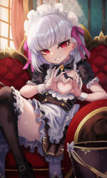 Rule 34 | 1girl, alternate costume, apron, black dress, black thighhighs, blush, breasts, bucket, buttons, collar, collarbone, couch, double-breasted, dress, enmaided, fate/grand order, fate/grand order arcade, fate (series), frilled collar, frills, grin, hair ribbon, heart, heart-shaped boob challenge, heart hands, highres, kama (fate), kama (mistake) (fate), looking at viewer, m0 chi, maid, maid headdress, neck ribbon, nipples, one breast out, parted lips, puffy short sleeves, puffy sleeves, red eyes, ribbon, short hair, short sleeves, small breasts, smile, solo, thighhighs, thighs, waist apron, white apron, white hair, wrist cuffs