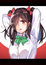 Rule 34 | 10s, 1girl, alternate breast size, arms up, black hair, bow, bowtie, dress shirt, engawa (rarenago), hair bow, hair over one eye, highres, love live!, love live! school idol project, red eyes, school uniform, shirt, solo, striped bow, striped bowtie, striped clothes, twintails, white shirt, yazawa nico