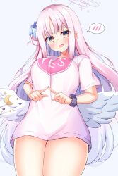 Rule 34 | 1girl, angel wings, black scrunchie, blue archive, blunt bangs, blush, breasts, bright pupils, commentary, cosplay, cowboy shot, crescent, curvy, flower, hair bun, hair flower, hair ornament, halo, heart, heart print, highres, index fingers together, large breasts, long hair, looking at viewer, mika (blue archive), open mouth, pink hair, pink halo, pink shirt, purple flower, scrunchie, shiinyan, shirt, short sleeves, shy, simple background, single side bun, smile, solo, speech bubble, spoken blush, straight hair, tanikaze amane, tanikaze amane (cosplay), tenshi souzou re-boot!, thighs, white background, white wings, wings, wrist scrunchie, yellow eyes, yes