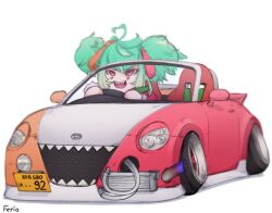 Rule 34 | 1girl, artist request, car, coni confetti, convertible, driving, green hair, idol corp, motor vehicle, on vehicle, open mouth, red eyes, sharp teeth, teeth, twintails, virtual youtuber