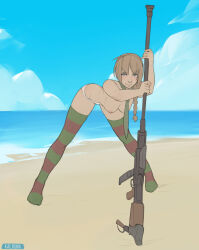Rule 34 | 1girl, bent over, blonde hair, gun, kalruna, lynette bishop, panties, strike witches, striped clothes, striped thighhighs, thighhighs, topless, underwear, weapon, white panties, world witches series