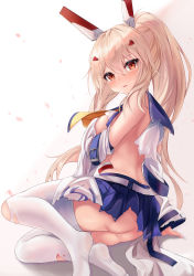 Rule 34 | 1girl, absurdres, ass, ayanami (azur lane), azur lane, back, bare shoulders, belt, blonde hair, blue skirt, breasts, covering privates, covering breasts, detached sleeves, from side, hair ornament, headgear, highres, long hair, long sleeves, looking at viewer, medium breasts, miniskirt, no shoes, orange eyes, pleated skirt, ponytail, retrofit (azur lane), ryara, sailor collar, shirt, simple background, sitting, skirt, solo, thighhighs, torn clothes, torn shirt, torn skirt, torn thighhighs, white background, white shirt, white thighhighs