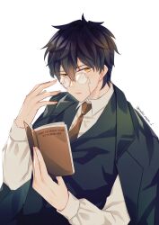 Rule 34 | 1boy, artist name, black hair, black vest, book, brown necktie, glasses, hair between eyes, highres, holding, holding book, long sleeves, looking at viewer, male focus, mashle, necktie, nuko maru i, open book, orter madl, reading, shirt, short hair, simple background, solo, twitter username, vest, white background, white shirt, yellow eyes