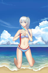 Rule 34 | 1girl, absurdres, beach, bird, blue eyes, breasts, cleavage, cloud, day, dripping, food, groin, highres, kneeling, large breasts, looking at viewer, navel, outdoors, ponytail, popsicle, rwby, scar, scar across eye, scar on face, solo, swimsuit, tongue, tongue out, water, weiss schnee, white hair, zhao shixuan