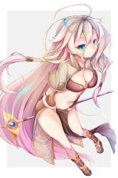 Rule 34 | 1girl, ahoge, boots, border, braid, breasts, brown capelet, brown footwear, brown skirt, capelet, cleavage, closed mouth, commentary request, crossover, dying (dying0414), full body, grey background, hair between eyes, holding, holding staff, ia (vocaloid), iridescent, long hair, looking at viewer, mage (ragnarok online), mage staff, medium breasts, navel, outside border, pelvic curtain, ragnarok online, showgirl skirt, skirt, smile, solo, staff, twin braids, very long hair, vocaloid, white border, white hair