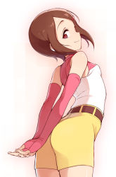 Rule 34 | 00s, 1girl, arms behind back, ass, bare shoulders, belt, breasts, brown eyes, brown hair, cowboy shot, digimon, digimon adventure 02, elbow gloves, fingerless gloves, from behind, from below, gloves, hair ornament, hairclip, high-waist shorts, looking at viewer, looking back, pink gloves, short hair, shorts, simple background, sleeveless, small breasts, smile, solo, ter (otokoter), v arms, yagami hikari, yellow shorts