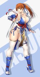 Rule 34 | 1girl, armpits, bare shoulders, breasts, brown eyes, brown hair, choker, cleavage, collarbone, commentary request, dead or alive, detached sleeves, female focus, full body, hair ribbon, highleg, highleg panties, highres, holding, holding sword, holding weapon, kasumi (doa), kurone rinka, large breasts, long hair, looking away, matching hair/eyes, ninja, ninjatou, panties, parted lips, pelvic curtain, ponytail, revealing clothes, reverse grip, ribbon, short sword, side-tie panties, solo, standing, sword, tecmo, thighhighs, thighs, underwear, weapon, white panties, white thighhighs