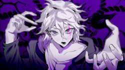 Rule 34 | 1boy, blood, blood on face, bocca della verita (song), collarbone, commentary, commentary request, danganronpa (series), danganronpa 2: goodbye despair, grey hair, hair between eyes, hands up, highres, jacket, komaeda nagito, looking at viewer, lower teeth only, male focus, messy hair, open mouth, pale skin, pink blood, pink eyes, portrait, print shirt, purple background, purple theme, shirt, solo, teeth, tuteurfars shin, upper body, vocaloid, white hair