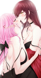 2girls alternate_costume backless_dress backless_outfit bare_shoulders black_choker black_dress black_ribbon blue_eyes blush breasts choker cleavage collarbone commentary commentary_request couple dress earrings eden_(honkai_impact) elf elysia_(honkai_impact) elysia_(miss_pink_elf)_(honkai_impact) english_commentary hair_between_eyes hair_ribbon hand_in_another&#039;s_hair hand_on_another&#039;s_arm hand_on_another&#039;s_back hand_on_another&#039;s_chest highres honkai_(series) honkai_impact_3rd imminent_kiss jewelry large_breasts looking_at_another mixed-language_commentary multiple_girls pink_hair pointy_ears red_hair ribbon sieka_(piiroinardesco) smile white_background yellow_eyes yuri