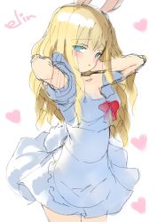 Rule 34 | 1girl, adjusting hair, animal ears, arms behind head, arms up, blonde hair, blue eyes, rabbit ears, rabbit tail, dress, elin, emily (pure dream), heart, highres, long hair, simple background, sketch, solo, tail, tera online, upper body, white background, white dress