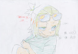 Rule 34 | 10s, 1boy, clothes pull, color trace, commentary, evil smile, eyewear on head, highres, key frame, kill la kill, mankanshoku matarou, official art, partially colored, production art, promotional art, shirt pull, shirt tug, signature, sketch, smile, sunglasses, trigger (company), white background