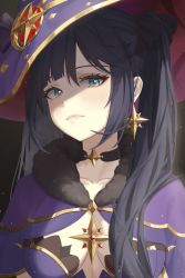 Rule 34 | 1girl, black choker, black hair, blue capelet, blue hat, blush, breasts, capelet, choker, cleavage, closed mouth, collarbone, dark background, earrings, expressionless, eyebrows hidden by hair, fur trim, genshin impact, green eyes, grey eyes, hat, head tilt, highres, jewelry, kongsi, looking down, mona (genshin impact), portrait, small breasts, solo, star (symbol), star earrings, twintails, upper body, witch hat