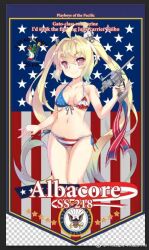 1girl ahoge albacore_(warship_girls_r) american_flag american_flag_bikini american_flag_print bikini blonde_hair breasts buxiuhongxingshe_jintiantuopinlema collarbone english_text flag_print gun handgun holding holding_gun holding_weapon long_hair looking_at_viewer navel pink_eyes print_bikini ribbon side-tie_bikini_bottom small_breasts smile solo swimsuit thigh_gap trigger_discipline twintails very_long_hair warship_girls_r weapon weibo_logo weibo_watermark