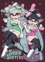 Rule 34 | + +, 2girls, absurdres, black hair, black thighhighs, breasts, callie (splatoon), cephalopod eyes, christmas, cleavage, cousins, cross-shaped pupils, dress, earrings, english text, eyelashes, fangs, female focus, fur-trimmed dress, fur collar, fur trim, gloves, green dress, grey hair, heart, highres, jewelry, large breasts, looking at viewer, marie (splatoon), multiple girls, nintendo, no humans, open mouth, pink dress, pointy ears, red background, santa costume, santa dress, shiny skin, smile, sparkle, splatoon (series), splatter, spoken heart, squid girl, strapless, strapless dress, symbol-shaped pupils, tentacle hair, thick thighs, thighhighs, thighs, tony welt, white footwear, white gloves, wide hips, zettai ryouiki