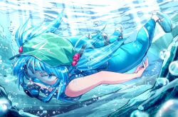 Rule 34 | 1girl, air bubble, alternate costume, blue bodysuit, blue eyes, blue hair, bodysuit, bubble, commentary request, commission, diving suit, flat cap, flippers, full body, green hat, hair bobbles, hair ornament, hat, kawashiro nitori, looking at viewer, medium bangs, medium hair, scuba, shimizu pem, sidelocks, skeb commission, solo, swim goggles, swimming, touhou, two side up, underwater, wetsuit