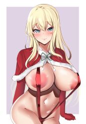 Rule 34 | 1girl, atago (kancolle), bikini, blonde hair, blue eyes, blush, border, breasts, capelet, christmas, cleavage, closed mouth, commentary request, cowboy shot, curvy, elbow gloves, fur-trimmed capelet, fur trim, gloves, grey background, hair between eyes, highres, huge breasts, kantai collection, large areolae, large breasts, legs together, long hair, navel, nipples, plump, red bikini, red capelet, red gloves, santa costume, simple background, slingshot swimsuit, smile, solo, swimsuit, tf cafe, white border