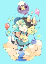 Rule 34 | 1girl, :o, balloon, baron (x5qgeh), black footwear, black hat, blouse, blue background, blush stickers, boots, bow, bright pupils, buttons, chibi, cloud, commentary, creatures (company), diamond button, drifloon, frilled shirt collar, frilled skirt, frilled sleeves, frills, game freak, gen 4 pokemon, green eyes, green hair, green skirt, hat, hat bow, highres, holding, komeiji koishi, long sleeves, looking at viewer, medium hair, nintendo, open mouth, pokemon, shirt, simple background, skirt, solo, touhou, white pupils, wide sleeves, yellow bow, yellow shirt