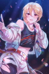 Rule 34 | 1boy, belt, bishounen, black tank top, blonde hair, commentary, ensemble stars!, hair between eyes, headset, highres, jacket, jewelry, midriff, navel, necklace, nito nazuna, open clothes, open jacket, open mouth, red eyes, ring, smile, solo, symbol-only commentary, tank top, torn clothes, wldms5172