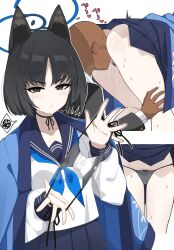 Rule 34 | 1boy, 1girl, animal ears, ass, black eyes, black hair, black panties, black sailor collar, blue archive, blue halo, blue neckerchief, cat&#039;s cradle, cat ears, cunnilingus, faceless, faceless male, female pubic hair, halo, haori, heart, highres, japanese clothes, k-y, kikyou (blue archive), licking, long sleeves, multiple views, neckerchief, oral, panties, pubic hair, sailor collar, school uniform, serafuku, short hair, simple background, spoken squiggle, squiggle, tongue, tongue out, underwear, white background