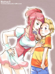 Rule 34 | 1boy, 1girl, anna miller, breasts, eyeshadow, finger to mouth, green eyes, half updo, hand on own hip, height difference, kumatora, leaning forward, lips, lucas (mother 3), makeup, medium breasts, mother (game), mother 3, nintendo, pink hair, quiff, sesyamo, shirt, shushing, sidelocks, striped, t-shirt, teenage girl and younger boy, waitress, wrist cuffs, yoshikoshi (mother 3)