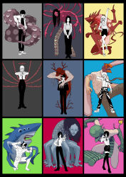 Rule 34 | abs, absurdres, antlers, arm up, arms behind back, arms up, beam (chainsaw man), black footwear, black hair, black necktie, black pants, black ribbon, black shawl, black shorts, blood devil (chainsaw man), bomb devil (chainsaw man), branch, chain, chainsaw, chainsaw man, cigarette, clenched hand, collar, covered eyes, cross-shaped pupils, daisy, denji (chainsaw man), dynamite, ed shirt, elbow gloves, explosive, extra arms, extra eyes, extra hands, extra horns, eyepatch, faceless, facing to the side, fangs, fire, floating neckwear, flower, formal, full body, future devil (chainsaw man), ghost devil (chainsaw man), gloves, grenade pin, greyscale with colored background, hair between eyes, hair over one eye, halo, hand in pocket, hand on own hip, hands on floor, hayakawa aki, highres, himeno (chainsaw man), holding, holding cigarette, horns, hunched over, hybrid, intestines, jacket, light smile, long hair, looking at viewer, makima (chainsaw man), mole, mole under mouth, monster, muscular, necktie, no eyes, no legs, nude, octopus devil (chainsaw man), off shoulder, on one knee, open mouth, own hands together, pants, pelvic curtain, power (chainsaw man), red halo, red horns, reze (chainsaw man), ribbon, ringed eyes, santa claus (chainsaw man), shark, sharp teeth, shawl, shirt, shirt tucked in, short hair, shorts, sidelocks, simple background, sleeveless, smile, spoilers, standing, stitched eye, stitched face, stitched mouth, stitches, suit, sweat, symbol-shaped pupils, tail, teeth, tentacles, thigh gap, thighhighs, thighs, tongue, tongue out, topknot, white jacket, white shirt, wire, yellow eyes, ym yoshiya, yoshida hirofumi