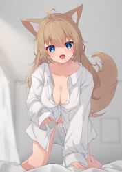 1girl :d absurdres ahoge all_fours animal_ear_fluff animal_ears barefoot blue_eyes blush breasts brown_hair cleavage collarbone collared_shirt commentary_request dress_shirt fox_ears fox_girl fox_tail hair_between_eyes head_tilt highres hinata_(user_rjkt4745) indoors long_hair long_sleeves looking_at_viewer medium_breasts naked_shirt open_mouth original shirt sleeves_past_wrists smile solo tail white_shirt