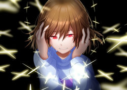 Rule 34 | 1other, black background, blue sweater, brown hair, clenched teeth, commentary, crying, crying with eyes open, english commentary, eyelashes, frisk (undertale), hands on own head, highres, long sleeves, other focus, red eyes, short hair, solo, sweater, tears, teeth, undertale, yuupontan.
