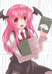 Rule 34 | 1girl, :d, aliage, bat wings, blush, book, book stack, bookshelf, dress shirt, head wings, holding, holding book, juliet sleeves, koakuma, long sleeves, looking at viewer, necktie, open mouth, pink eyes, pink hair, puffy sleeves, red necktie, shirt, skirt, skirt set, smile, solo, touhou, translation request, vest, white shirt, wings