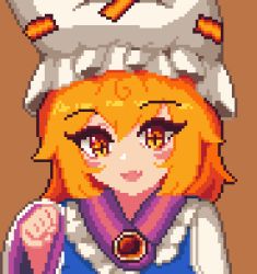Rule 34 | 1girl, animal hat, blonde hair, blush, brown background, clenched hand, dress, eyelashes, fang, hair between eyes, hat, long sleeves, looking at viewer, mob cap, open mouth, paw pose, pixel art, simple background, skin fang, smile, solo, standing, tabard, touhou, upper body, white dress, white hat, yakumo ran, yellow eyes, youmo de chihuo