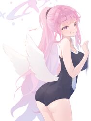Rule 34 | 1girl, absurdres, ass, black one-piece swimsuit, blue archive, breasts, cleavage, commentary request, cowboy shot, feathered wings, halo, hand up, highres, large breasts, long hair, looking at viewer, low wings, mika (blue archive), miksin, one-piece swimsuit, pink hair, pink halo, ponytail, school swimsuit, simple background, smile, solo, standing, swimsuit, twitter username, very long hair, white background, white wings, wings, yellow eyes