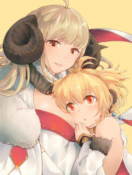 Rule 34 | 10s, 2girls, :o, ahoge, andira (granblue fantasy), anila (granblue fantasy), animal ears, bare shoulders, beads, between breasts, blonde hair, blush, breasts, closed mouth, detached collar, detached sleeves, diamond (shape), draph, erune, eyebrows, fur trim, gloves, granblue fantasy, hairband, hand on another&#039;s back, head on chest, horns, hug, jewelry, large breasts, lips, long hair, looking at another, looking down, looking up, monkey ears, multiple girls, necklace, red eyes, ribbon trim, ring, ring necklace, sayuco, sheep horns, short eyebrows, short hair, simple background, smile, stitches, thick eyebrows, two side up, upper body, white gloves, yellow background