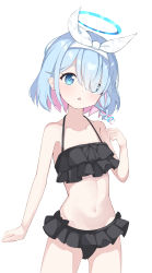 Rule 34 | 1girl, arona (blue archive), bikini, black bikini, blue archive, blue eyes, blue hair, bow hairband, braid, colored inner hair, flat chest, frilled bikini, frills, hair over one eye, hairband, halo, highres, looking at viewer, multicolored hair, navel, open mouth, pink eyes, short hair, simple background, single braid, solo, stomach, swimsuit, two-tone hair, white background, white hairband, yoi0341