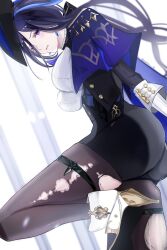 Rule 34 | 1girl, ascot, black corset, blue cape, blue hair, breasts, cape, clorinde (genshin impact), corset, dark blue hair, epaulettes, fold-over boots, fold-over gloves, genshin impact, gloves, hat, highres, large breasts, long hair, looking at viewer, low ponytail, nukoxx 02, pantyhose, pencil skirt, purple ascot, purple eyes, shirt, skirt, solo, taut clothes, taut shirt, thigh strap, torn clothes, torn pantyhose, tricorne, white gloves, white shirt