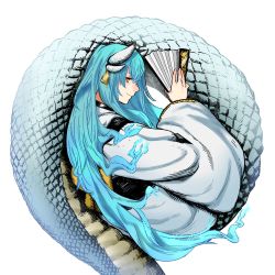 Rule 34 | 1girl, blue hair, check copyright, closed mouth, copyright request, ear tag, fate (series), folding fan, hand fan, hatching (texture), highres, holding, holding fan, horns, kiyohime (fate), kosai, lamia, light blue hair, long hair, monster girl, multiple horns, round image, scales, simple background, slit pupils, smile, solo, very long hair, white background, yellow eyes
