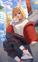 Rule 34 | billboard, blonde hair, building, candy, carrot (one piece), city, cityscape, cloud, cloudy sky, collar, food, furry, furry female, highres, jacket, ledge, lollipop, one piece, pants, rabbit ears, rabbit girl, shoes, sitting, sky, sneakers, sweatpants, window