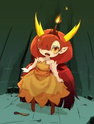 Rule 34 | 1girl, bare arms, bare shoulders, blunt bangs, blush, brown footwear, colored sclera, colored skin, demon girl, demon horns, dress, fangs, fire, full body, grey skin, hair between eyes, hair over one eye, hekapoo, high heels, highres, horns, kolshica, legs apart, long hair, open mouth, orange eyes, pointy ears, red hair, sash, scissors, simple background, solo, standing, star vs the forces of evil, strapless, strapless dress, teeth, thick arms, tiara, tongue, very long hair, white background, yellow dress, yellow sclera