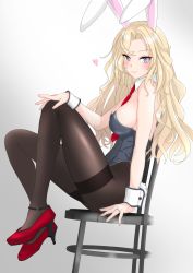 Rule 34 | 1girl, absurdres, alternate costume, animal ears, between breasts, black pantyhose, blush, breasts, chair, commentary request, fake animal ears, gradient background, grey eyes, grey leotard, heart, high heels, highres, hornet (kancolle), kantai collection, large breasts, leotard, long hair, necktie, necktie between breasts, nitamako (sakamalh), pantyhose, playboy bunny, rabbit ears, red footwear, red necktie, simple background, sitting, smile, solo, thighband pantyhose, wrist cuffs